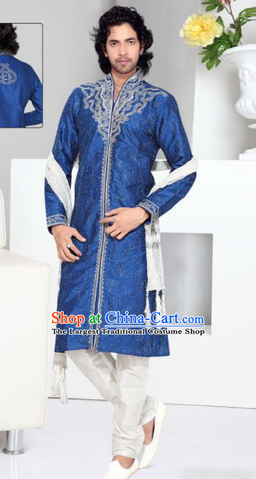 Asian Indian Sherwani Wedding Embroidered Royalblue Clothing India Traditional Bridegroom Costumes Complete Set for Men