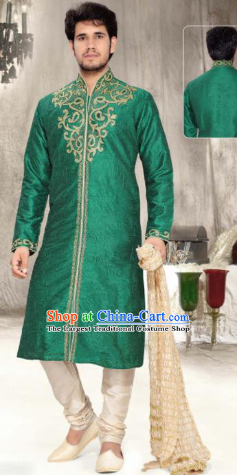 Asian Indian Sherwani Embroidered Green Clothing India Traditional Wedding Bridegroom Costumes Complete Set for Men