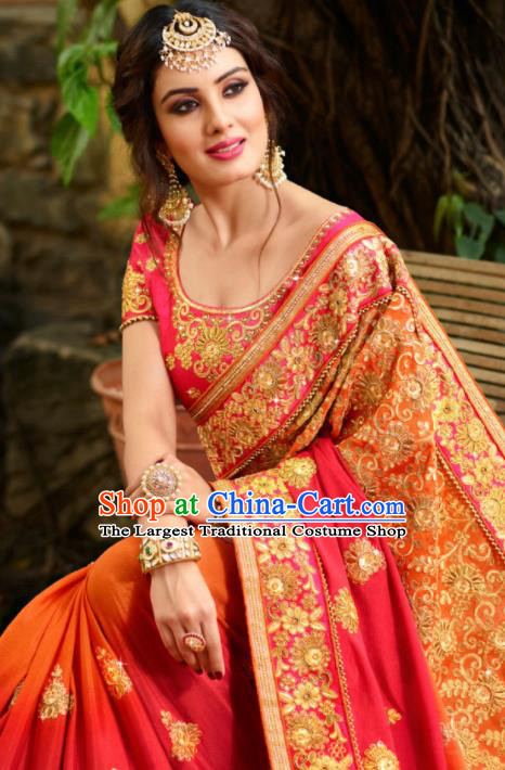 Traditional Indian Court Bride Embroidered Red Sari Dress Asian India National Bollywood Costumes for Women