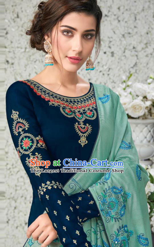 Traditional Indian Lehenga Embroidered Deep Blue Blouse and Pants Asian India Punjab National Costumes for Women