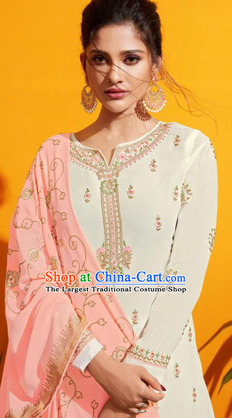 Traditional Indian Lehenga Embroidered White Georgette Blouse and Pants Asian India Punjab National Costumes for Women