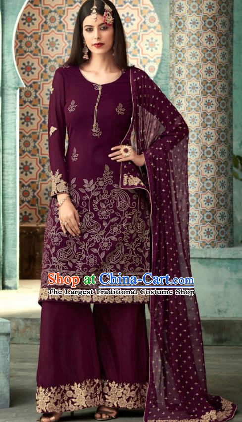 Traditional Indian Punjab Lehenga Embroidered Purple Georgette Blouse and Pants Asian India National Costumes for Women
