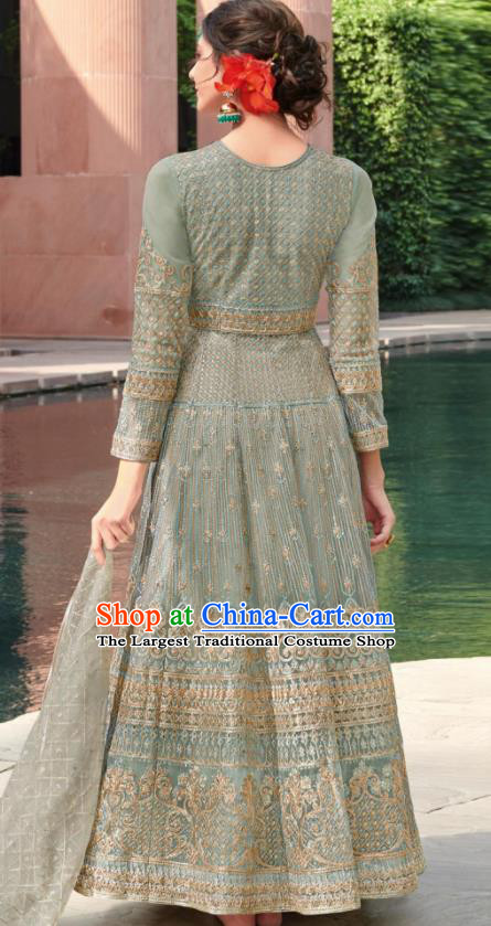 Traditional Indian Embroidered Grass Green Anarkali Dress Asian India National Costumes for Women