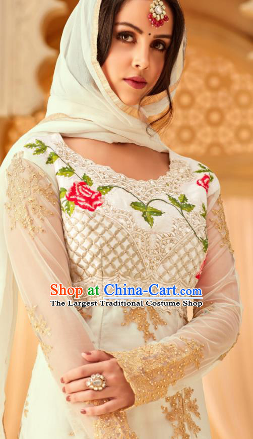 Traditional Indian Punjab White Georgette Blouse and Pants Asian India National Costumes for Women