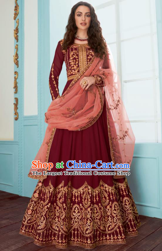 Traditional Indian Bollywood Embroidered Purplish Red Anarkali Dress Asian India National Costumes for Women