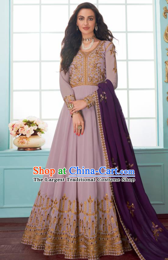 Traditional Indian Bollywood Embroidered Lilac Anarkali Dress Asian India National Costumes for Women