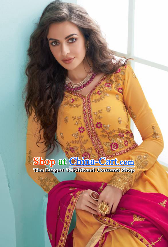 Traditional Indian Bollywood Embroidered Yellow Anarkali Dress Asian India National Costumes for Women