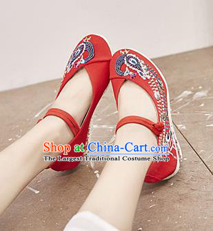 Chinese National Embroidered Phoenix Red High Heels Shoes Traditional Hanfu Shoes Opera Shoes Wedding Bride Shoes for Women