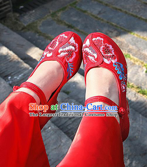 Chinese National Embroidered Red High Heels Shoes Traditional Hanfu Shoes Opera Shoes Wedding Bride Shoes for Women
