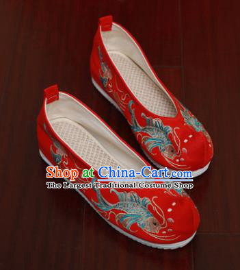 Chinese National Embroidered Carps Red Shoes Traditional Hanfu Shoes Opera Shoes Wedding Bride Shoes for Women