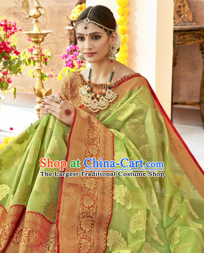 Traditional Indian Green Sari Dress Asian India National Bollywood Costumes for Women