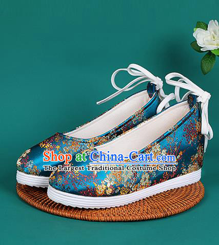 Chinese National Blue Brocade Round Toe Shoes Traditional Hanfu Shoes Princess Shoes Opera Shoes for Women