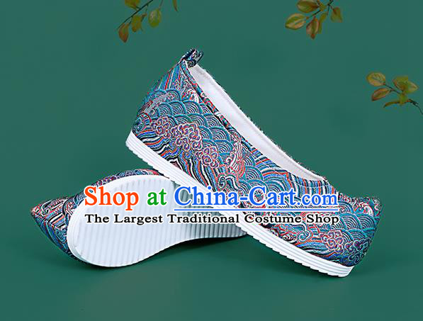 Chinese National Blue Brocade Toe Spring Shoes Traditional Hanfu Shoes Princess Shoes Opera Shoes for Women