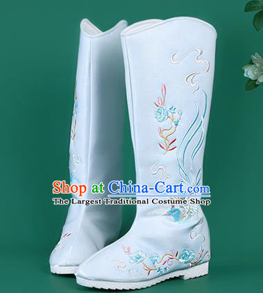 Chinese Traditional Embroidered Blue High Boots Hanfu Shoes Embroidered Boots for Women