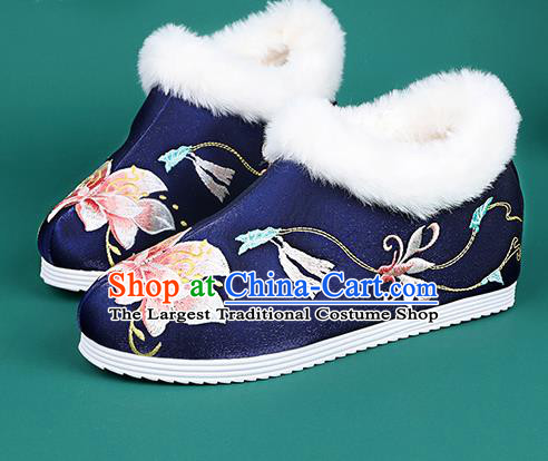 Chinese Traditional Winter Embroidered Peony Royalblue Ankle Boots Hanfu Shoes Cloth Boots for Women