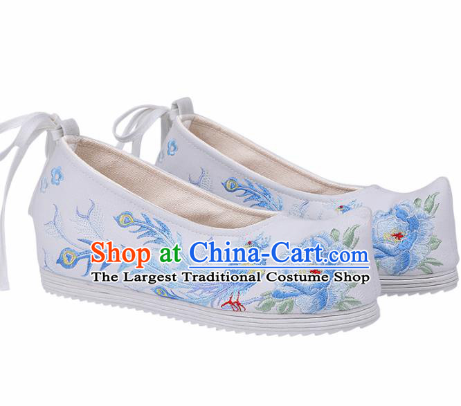 Chinese Traditional Embroidered Phoenix Peony White Shoes Hanfu Shoes Princess Shoes for Women