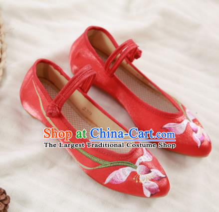 Traditional Chinese National Embroidery Lotus Red Shoes Embroidered Shoes Hanfu Shoes for Women