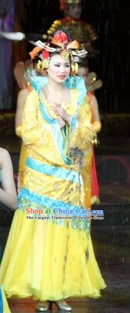Chinese Impression of Suzhou Classical Dance Yellow Dress Stage Performance Costume and Headpiece for Women