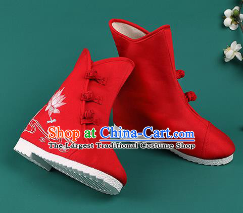 Chinese Traditional Winter Embroidered Lotus Red Boots Hanfu Shoes Cloth Boots for Women