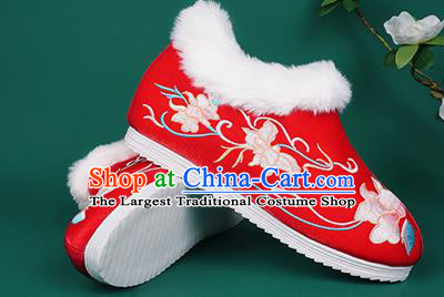 Chinese Traditional Embroidered Winter Red Boots Hanfu Shoes Cloth Boots for Women