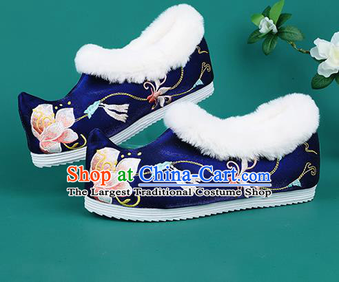 Chinese Traditional Embroidered Flowers Winter Royalblue Boots Hanfu Shoes Cloth Boots for Women
