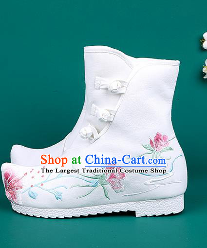Chinese Traditional Embroidered Boots Hanfu Shoes White Cloth Boots for Women