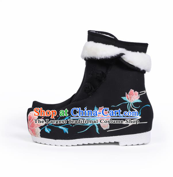 Chinese Traditional Embroidered Boots Hanfu Shoes Black Cloth Boots for Women