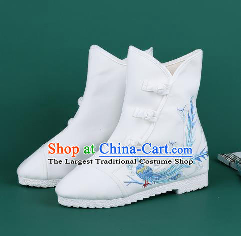 Handmade Chinese Traditional Embroidered Phoenix White Boots Hanfu Shoes Cloth Boots for Women