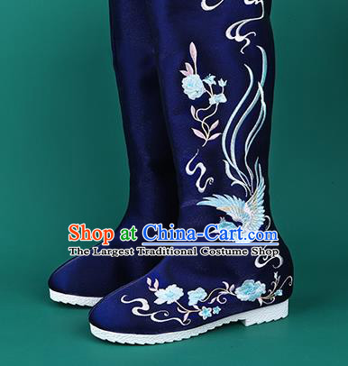 Handmade Chinese Cloth Boots Traditional Embroidered Phoenix Royalblue Boots Hanfu Shoes for Women