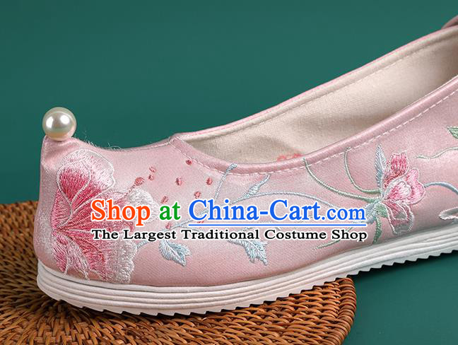 Chinese Pearl Shoes Traditional Wedding Pink Embroidered Shoes Hanfu Shoes Princess Shoes for Women