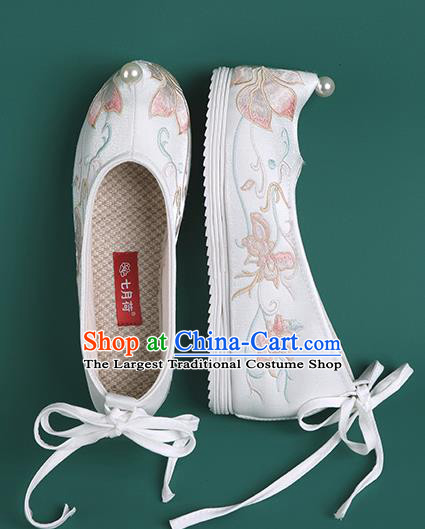 Chinese Pearl Shoes Traditional Wedding White Embroidered Shoes Hanfu Shoes Princess Shoes for Women