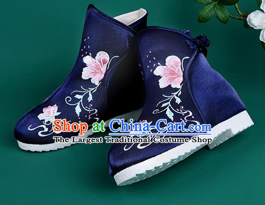 Handmade Chinese Royalblue Cloth Boots Traditional Embroidered Boots Hanfu Shoes for Women