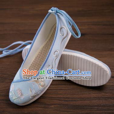 Traditional Chinese Handmade Hanfu Shoes Embroidered Butterfly Orchid Blue Shoes Cloth Shoes for Women