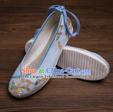 Traditional Chinese Handmade Hanfu Shoes Embroidered Carp Blue Shoes Cloth Shoes for Women