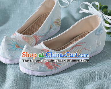 Chinese Handmade Embroidered Bird Light Blue Shoes Traditional Wedding Shoes Hanfu Shoes Princess Shoes for Women