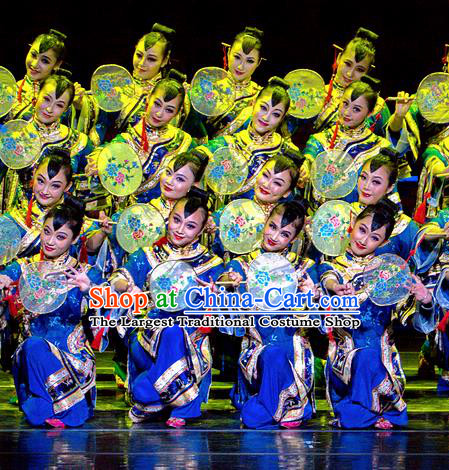 Chinese Dance Drama Wild Jujubes Classical Dance Blue Dress Stage Performance Dance Costume and Headpiece for Women
