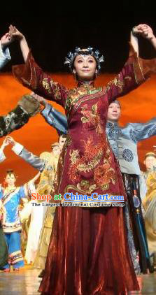 Chinese Dance Drama Wild Jujubes Ancient Classical Dance Purplish Red Dress Stage Performance Dance Costume and Headpiece for Women