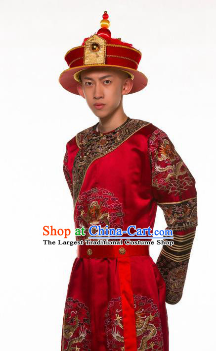 Deling and Cixi Chinese Ancient Qing Dynasty Emperor Red Clothing Stage Performance Dance Costume for Men