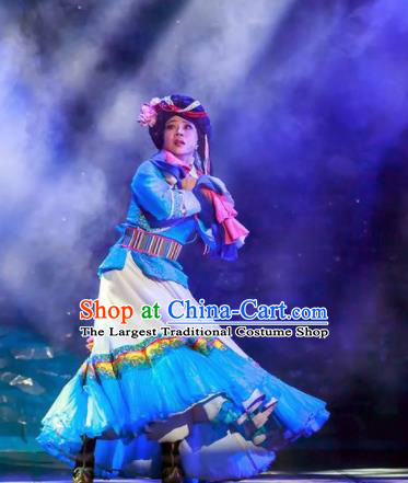 Walking Marriage Chinese Mosuo Minority Folk Dance Dress Stage Performance Dance Costume and Headpiece for Women