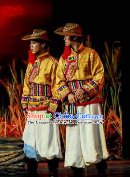Walking Marriage Chinese Mosuo Nationality Bridegroom Dance Golden Clothing Stage Performance Dance Costume for Men