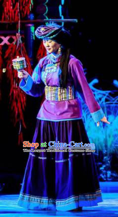 Walking Marriage Chinese Mosuo Minority Folk Dance Purple Dress Stage Performance Dance Costume and Headpiece for Women