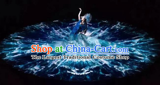 Chinese Pingtan Impression Classical Dance Blue Dress Stage Performance Dance Costume and Headpiece for Women