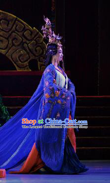 Chinese Lady Zhaojun Ancient Imperial Consort Dance Blue Dress Stage Performance Dance Costume and Headpiece for Women