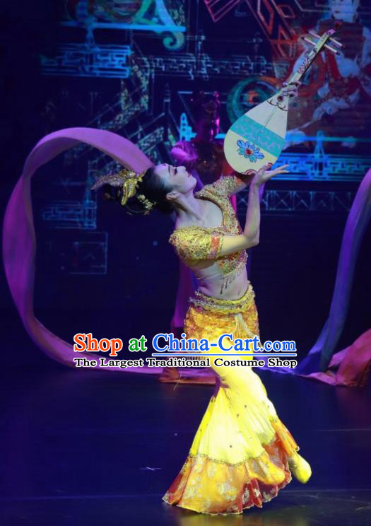 Meet Millennium Chinese Classical Dance Flying Apsaras Yellow Dress Stage Performance Dance Costume and Headpiece for Women