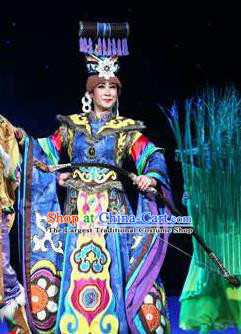 Rainbow Tribe Chinese Tu Minority Blue Dress Stage Performance Dance Costume and Headpiece for Women