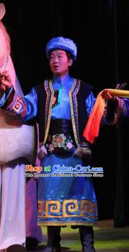 Rainbow Tribe Chinese Tu Minority Blue Clothing Stage Performance Dance Costume and Headpiece for Men