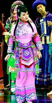 Huang Si Jie Chinese Tujia Minority Lilac Dress Stage Performance Dance Costume and Headpiece for Women