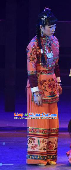 Huang Si Jie Chinese Tujia Minority Orange Dress Stage Performance Dance Costume and Headpiece for Women