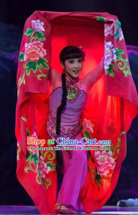 Drama Lan Huahua Chinese Folk Dance Pink Dress Stage Performance Dance Costume and Headpiece for Women