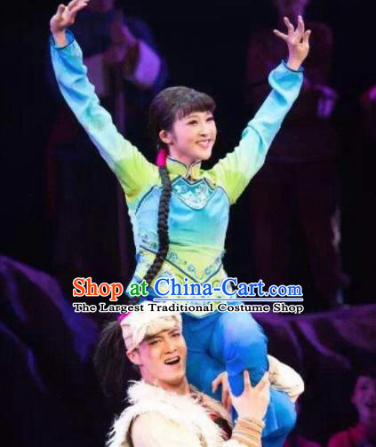 Drama Lan Huahua Chinese Folk Dance Blue Dress Stage Performance Dance Costume and Headpiece for Women